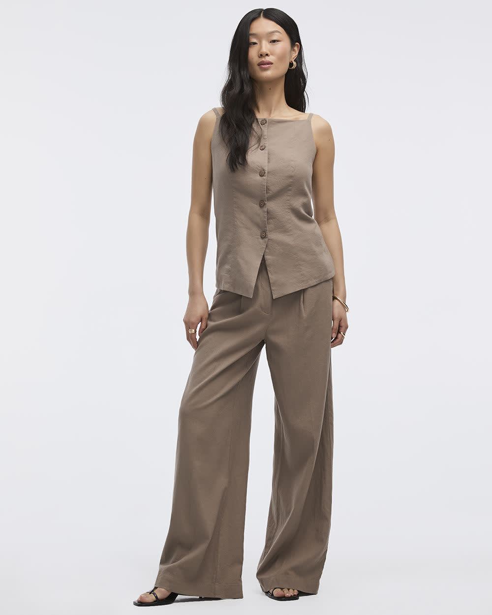 Pantalon en m&eacute;lange lin &agrave; taille haute et jambe large - Long