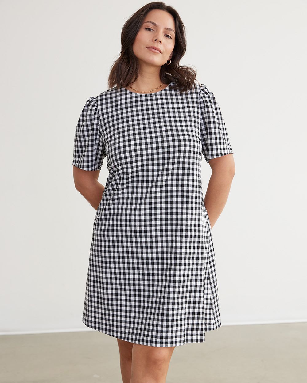 Short-Puffy-Sleeve Dress with Bow at Neckline