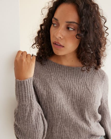 Long-Ballon-Sleeve Boat-Neck Sweater with Fancy Stitches
