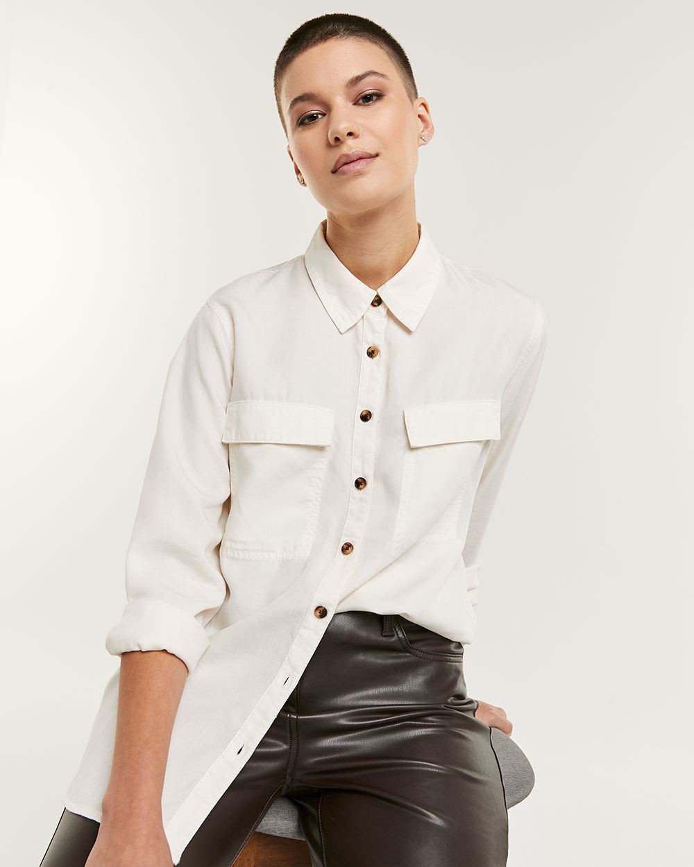 Long Sleeve Button-Up Shirt with Roll-Up Details