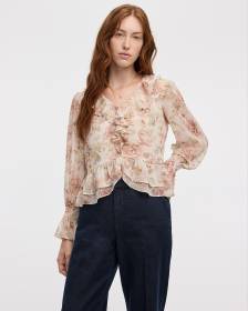 Long-Sleeve V-Neck Blouse with Ruffled Details