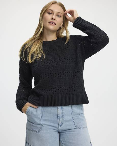 Long-Sleeve Crew-Neck Open-Stitch Pullover