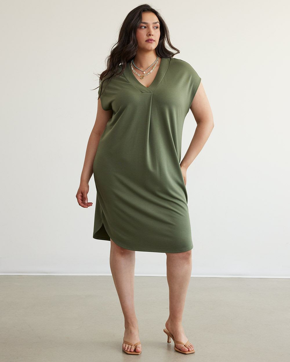 Extended-Sleeve V-Neck Midi Dress