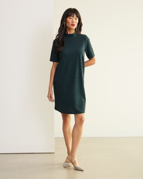 Short-Sleeve Lurex Shift Dress with Triangle Cut Out
