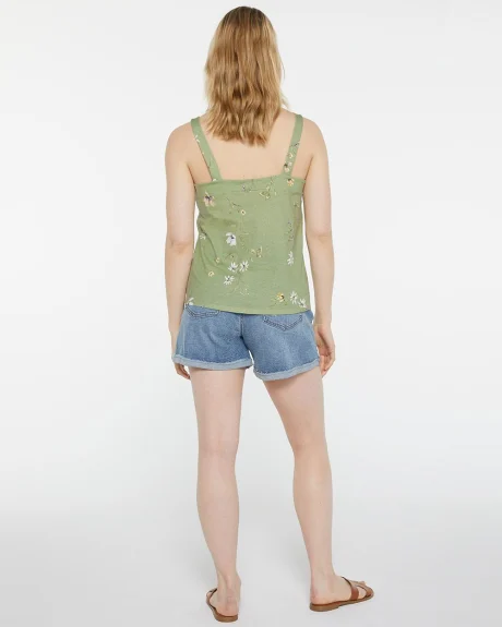 Cotton-Linen Blend Printed Tank with Front Tie