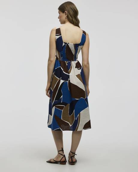 Sleeveless Linen-Blend Midi Dress with Square Neckline