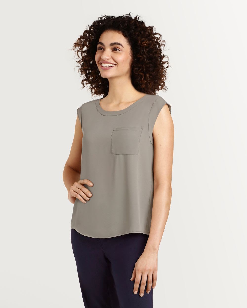 Short Sleeve Solid Blouse With Chest Pocket - Petite