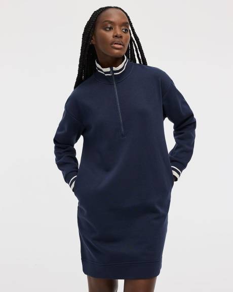 Long-Sleeve Half-Zip Mock-Neck Fleece Dress - Hyba