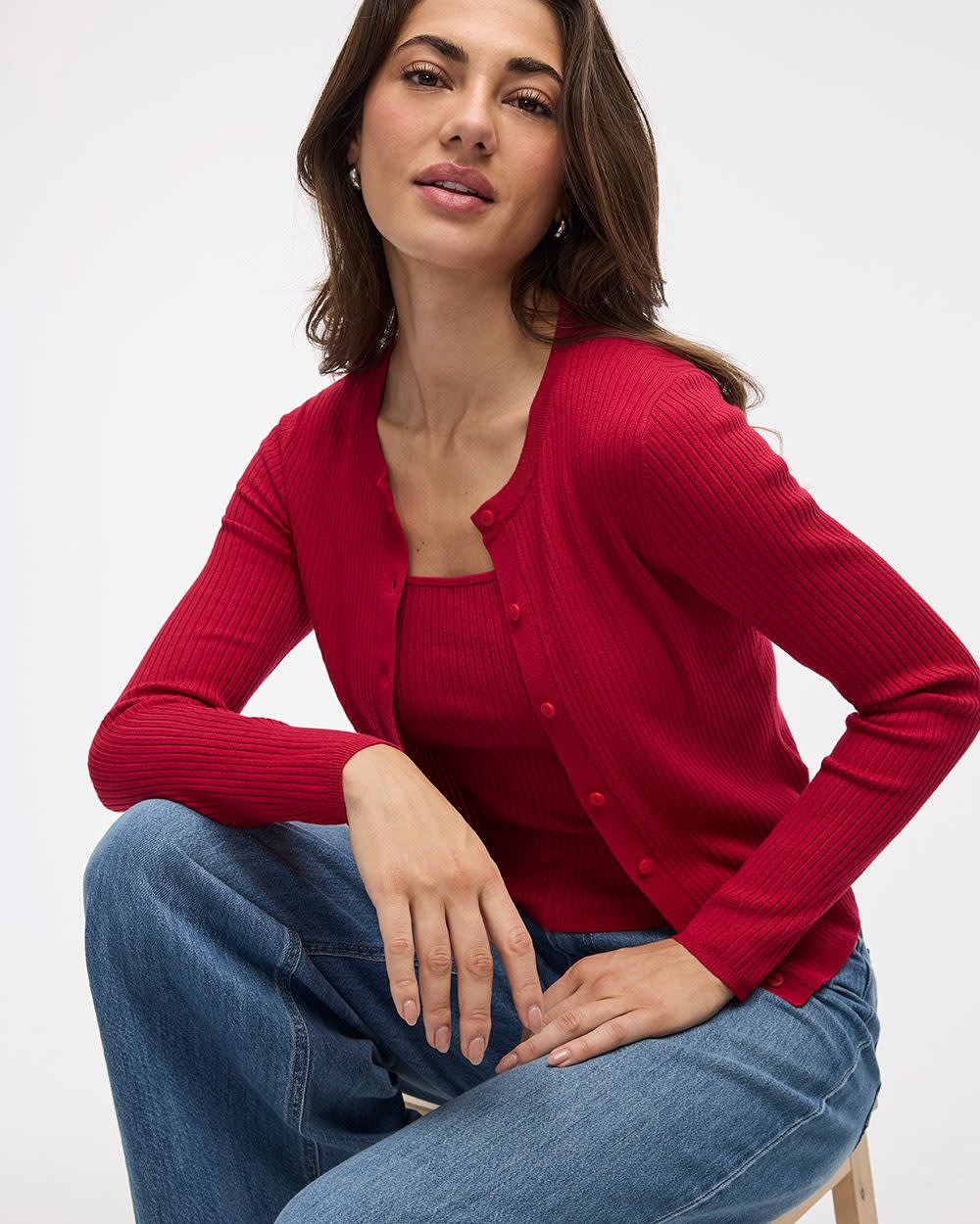 Long-Sleeve Buttoned-Down Ribbed Cardigan