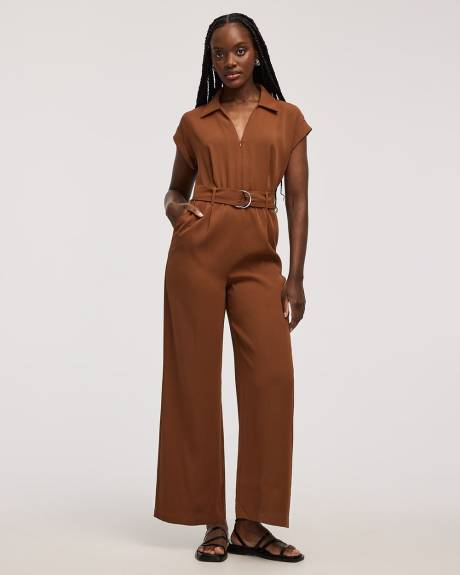 Straight-Leg Extended-Sleeve Belted Jumpsuit