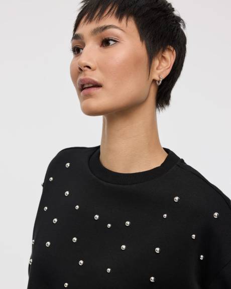 Long-Sleeve Crew-Neck Fleece Sweatshirt with Rhinestones