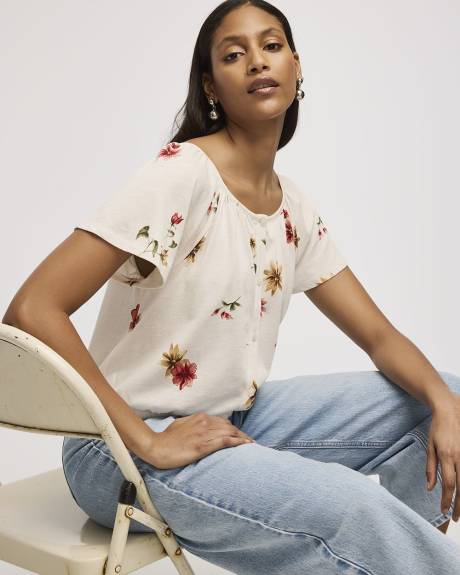 Short-Flutter-Sleeve Open-Neck Buttoned-Down Top