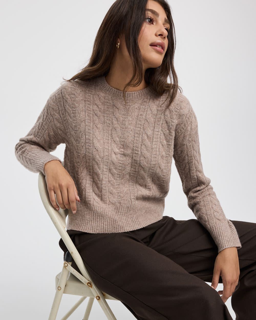 Long-Sleeve Crew-Neck Pullover with Cable Stitches