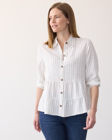 3/4-Sleeve Buttoned-Down Linen Blouse