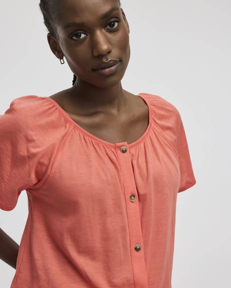 Short-Flutter-Sleeve Open-Neck Buttoned-Down Top