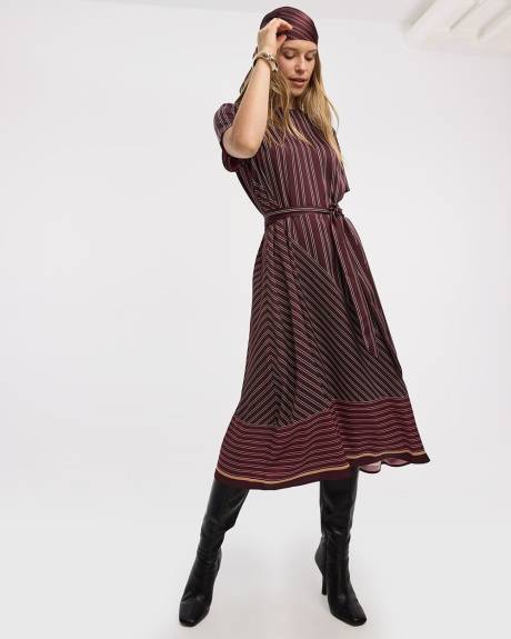 Satiny Short-Sleeve Midi Dress with Sash