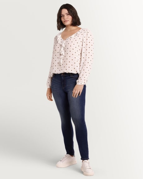 Printed Ruffle V Neck Blouse with Long Sleeves - Petite
