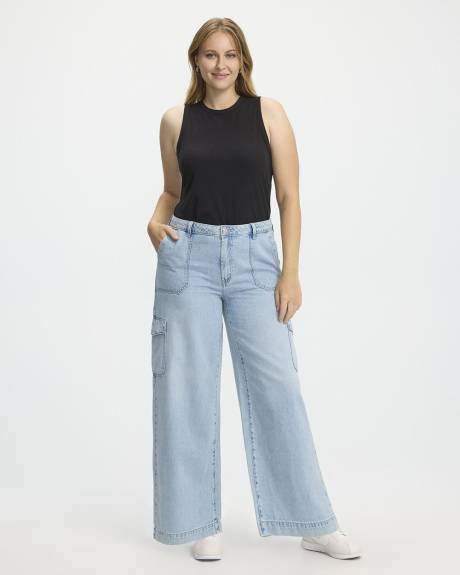 Pantalon cargo en denim à jambe large et taille mi-haute