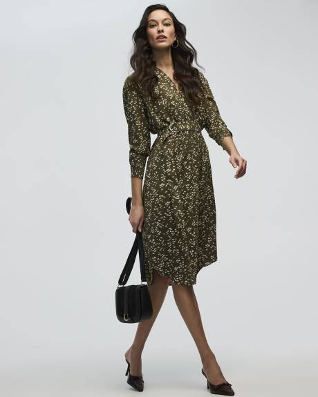 Long-Sleeve Split-Neck Satin Dress