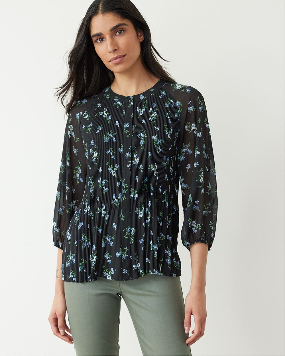 Long-Sleeve Mix-Media Pleated Blouse with High Neckline | Regular ...