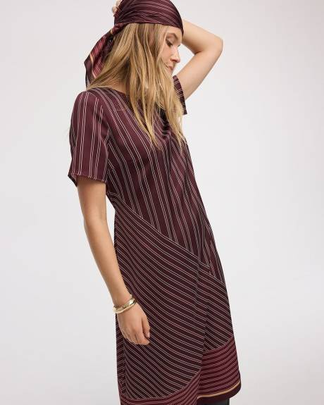 Satiny Short-Sleeve Midi Dress with Sash