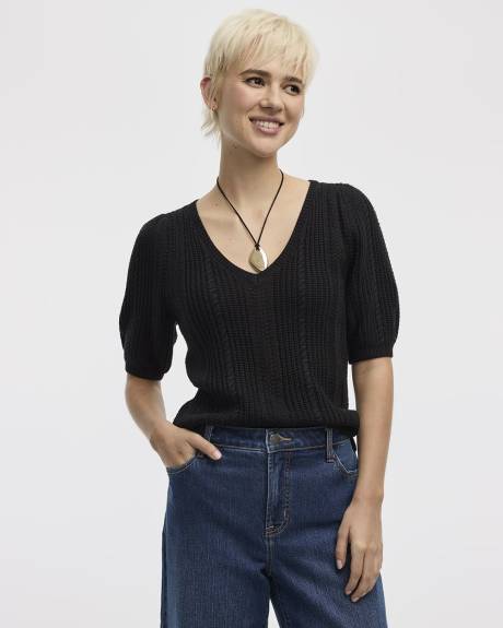 Puffy-Elbow-Sleeve V-Neck Sweater