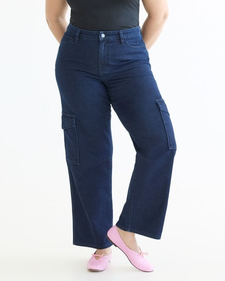 Pantalon cargo en denim à jambe droite et taille haute - Long