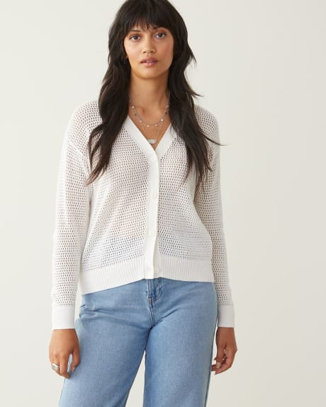 Long-Sleeve V-Neck Cardigan with Open Stitches