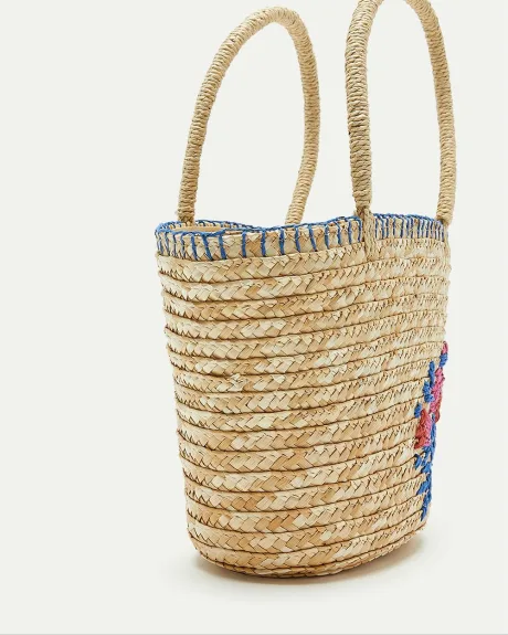 Embroidered Straw Basket Bag