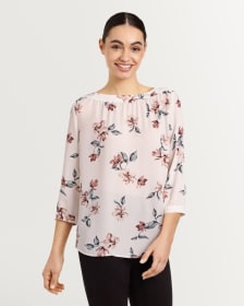 3/4 Sleeve Boat Neck with Band & Shirring Printed Blouse