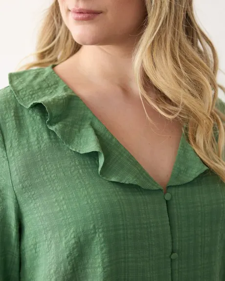 Long-Sleeve V-Neck Blouse with Ruffles