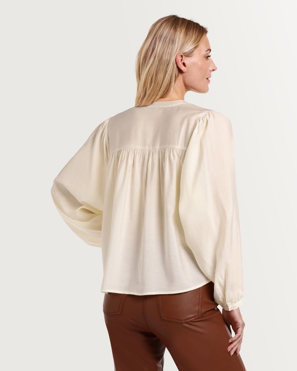 Long Sleeve Collarless Button-Down Poplin Shirt