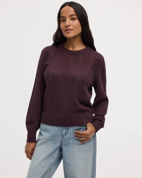Long-Balloon-Sleeve Crew-Neck Pointelle Sweater