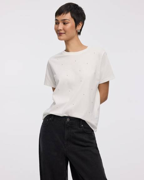 Short-Sleeve Crew-Neck Tee with Rhinestones