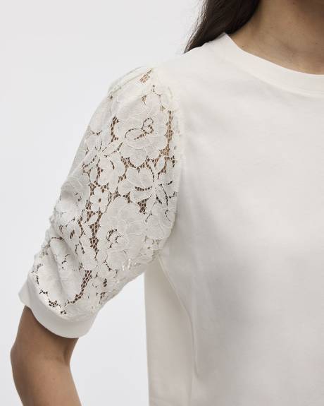 T-shirt bimatière à manches aux coudes bouffantes et col rond