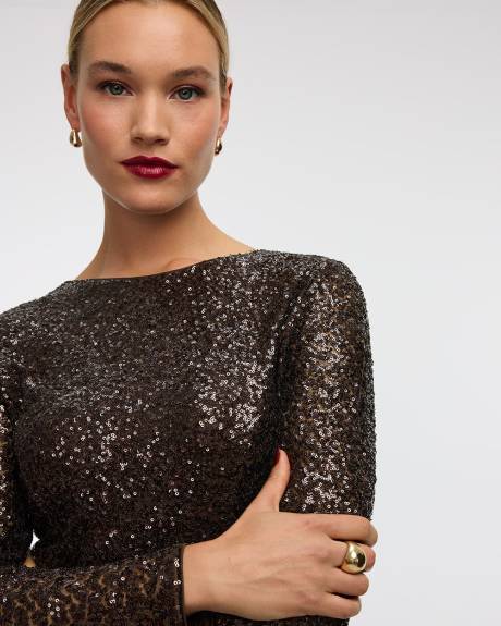 Long-Sleeve Mini Fit-and-Flare Sequins Dress