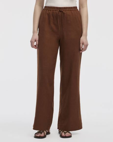 Pantalon en m&eacute;lange de lin &agrave; jambe large et taille haute - Petite
