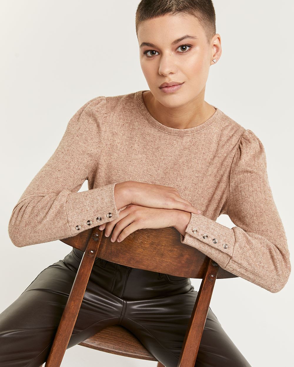 Pointelle Sweater with Buttoned Cuffs