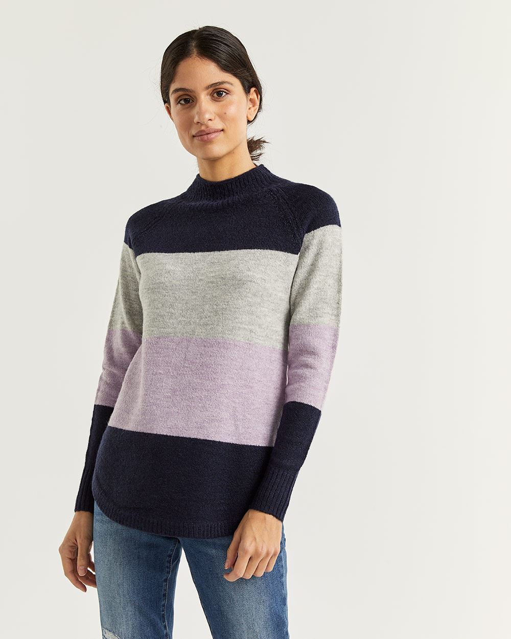 Striped Mock Neck Sweater with Pointelle Detail | Reitmans