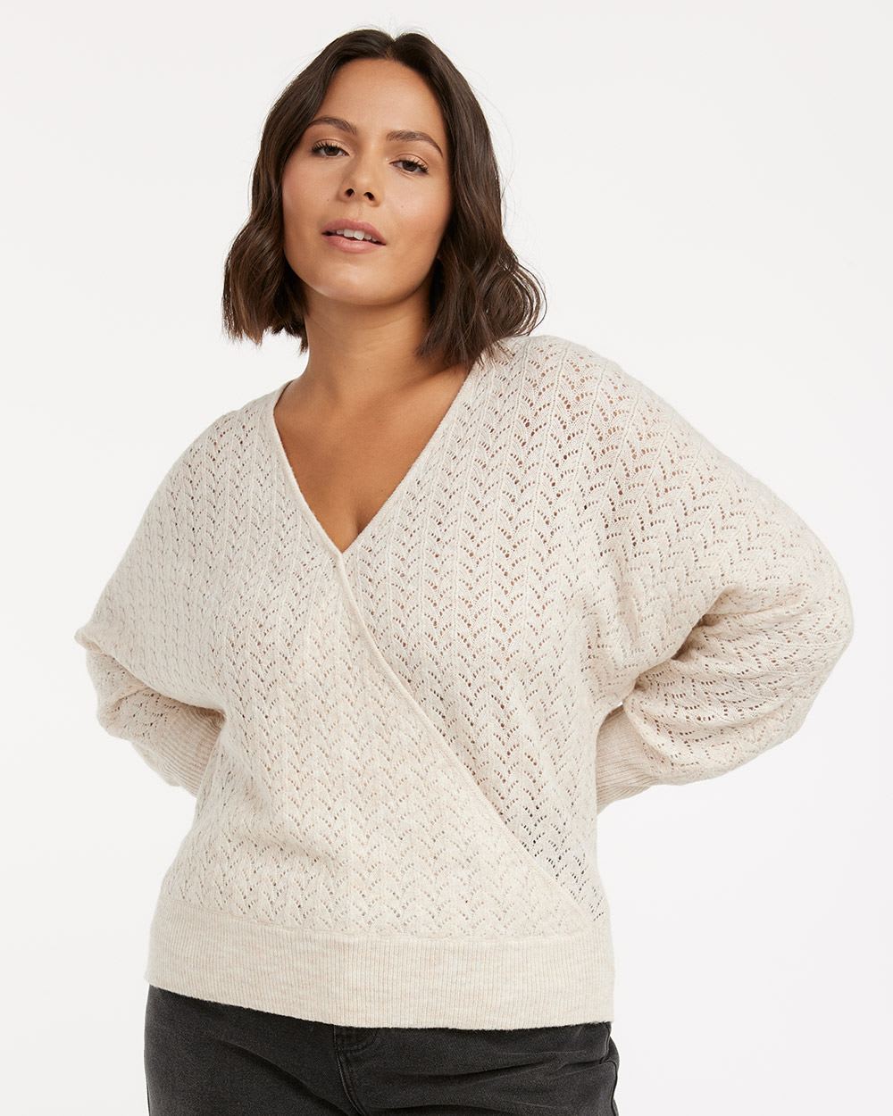 Long-Sleeve Wrap Pullover with Pointelle Stitches