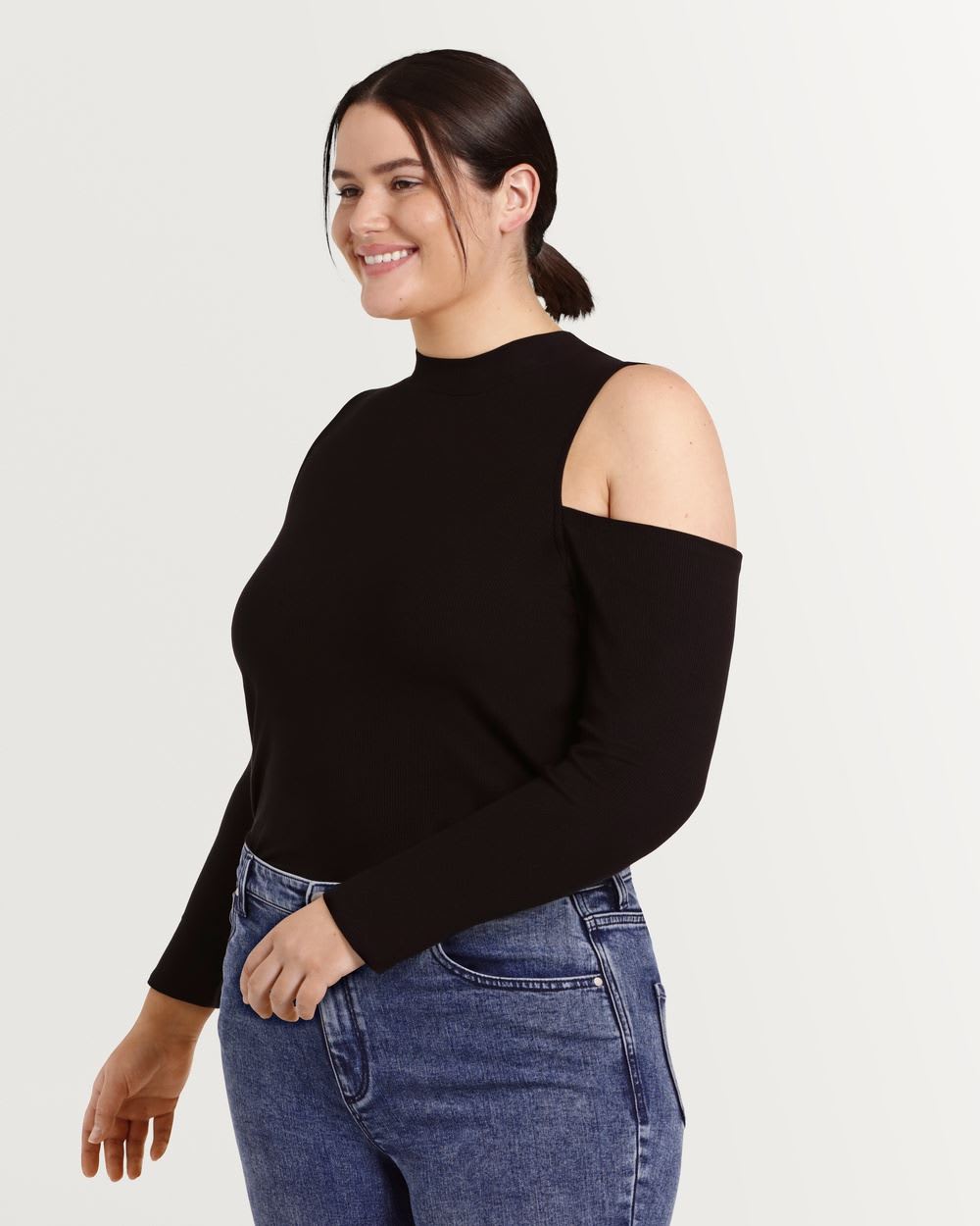 Rib Knit Mock Neck Pullover with Cut Out Shoulders