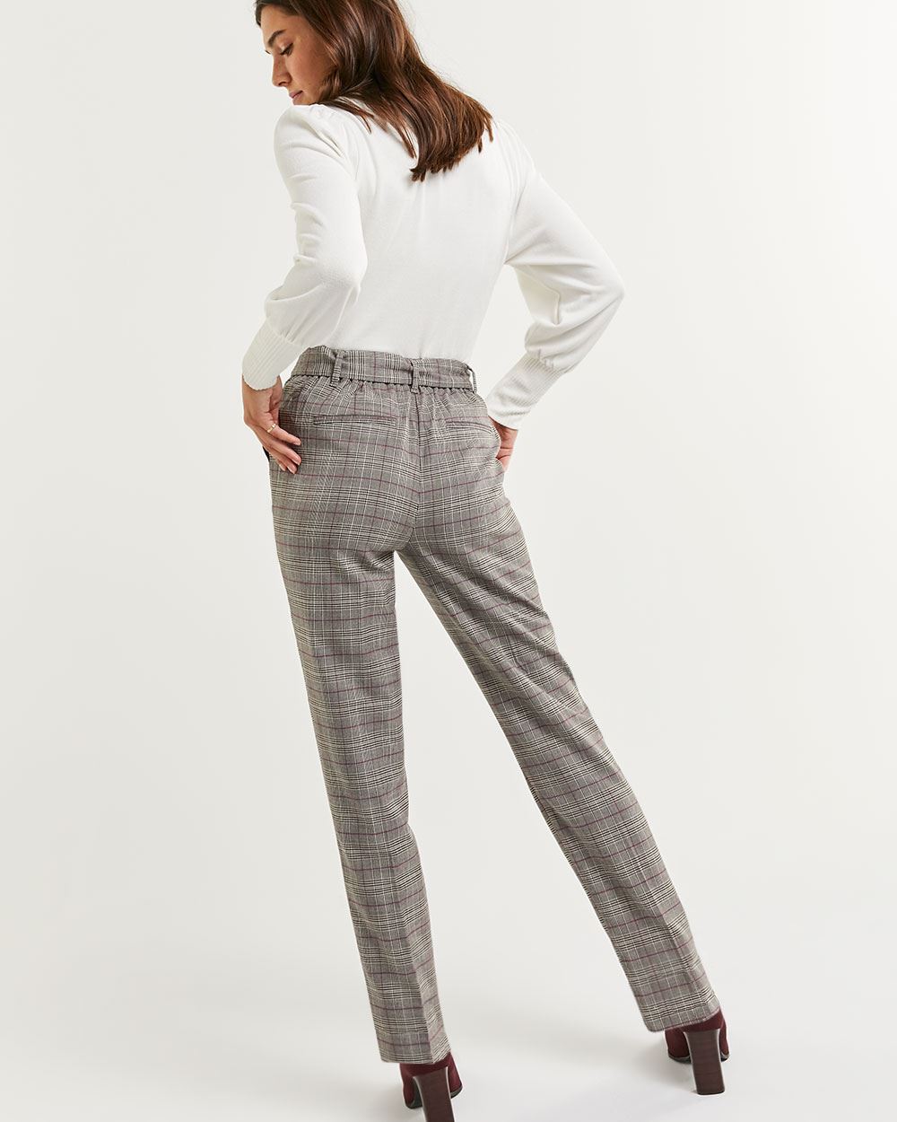 High Rise Tapered Glen Plaid Pants with Removable Sash
