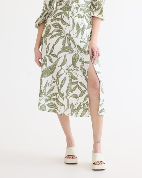 Linen-Blend Midi Skirt with Front Slit