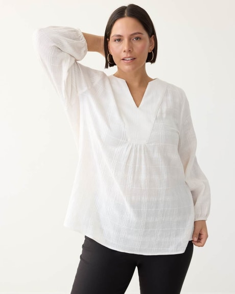 Long-Sleeve Textured Blouse with Split Neckline