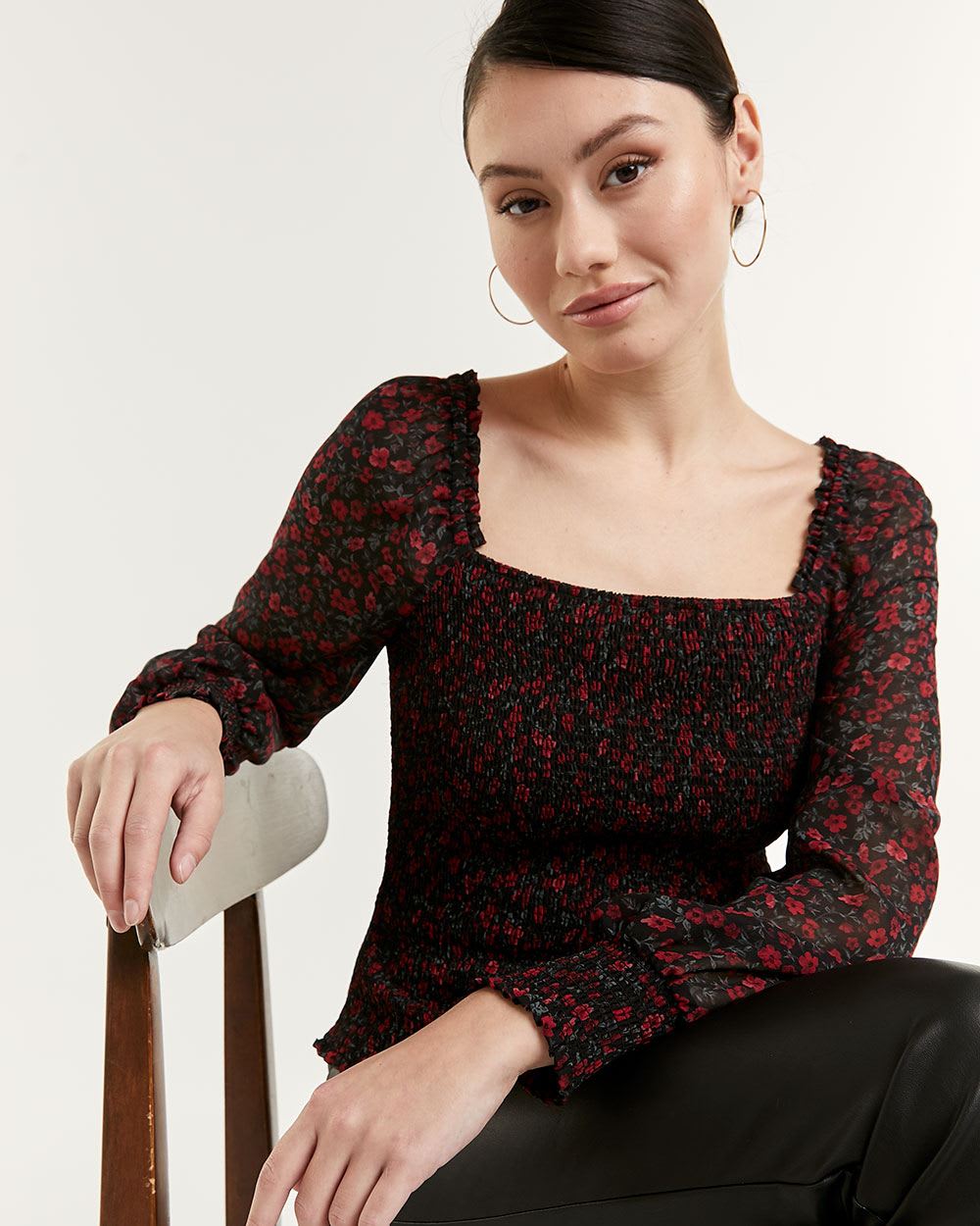 Smocked Square Neck Long Sleeve Print Top