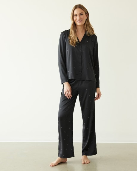 Long-Sleeve Top and Straight-Leg Pant Satin Pyjama Set