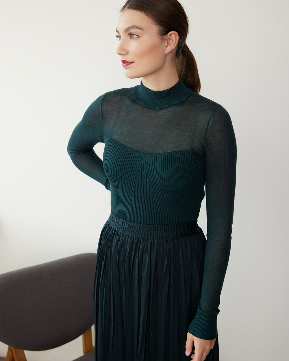 Long-Sleeve Bustier-Effect Pullover