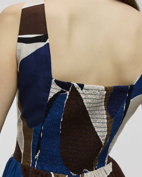 Sleeveless Linen-Blend Midi Dress with Square Neckline