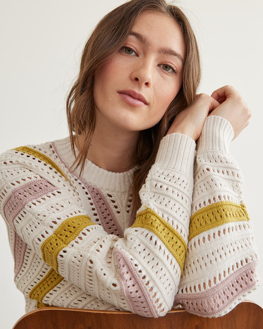 Long-Sleeve Crew-Neck Sweater with Open Stitches