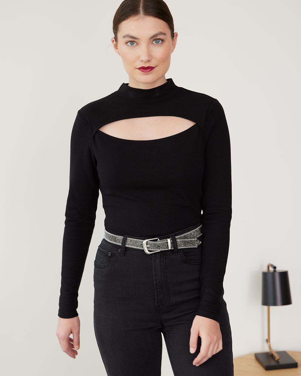 Long-Sleeve Textured Top with Cut-Out Detail